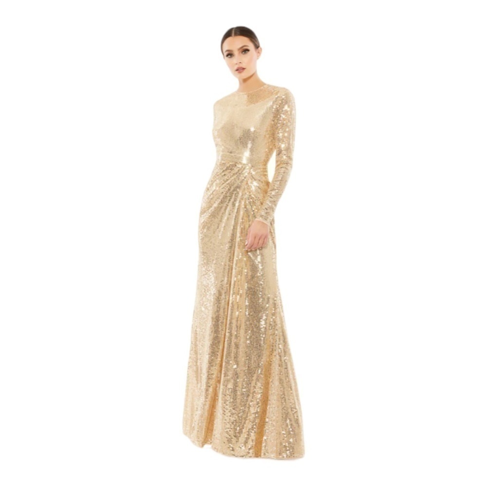 Mac Duggal Sequined High Neck Ling Sleeve Draped Gown in Gold NWT